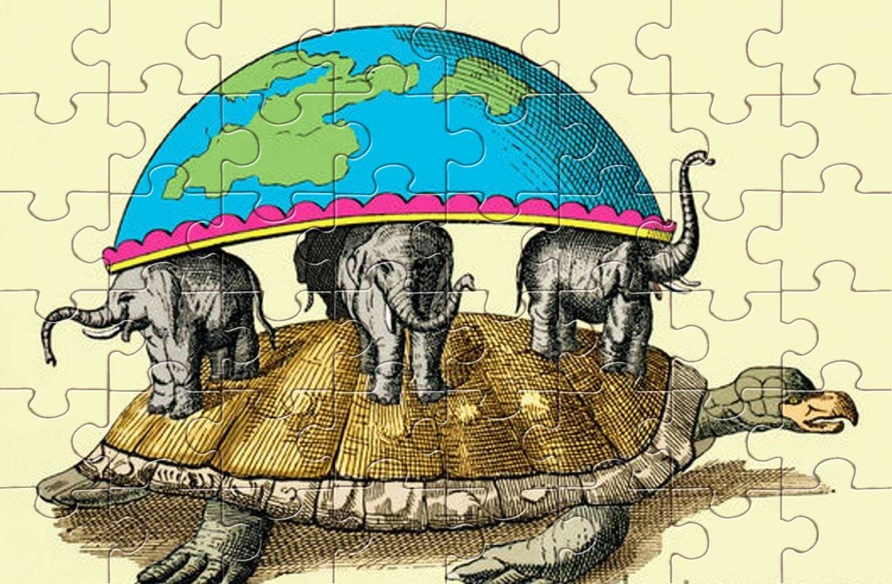 Представление ученых зверей. Черепаха три слона плоская земля. Плоская земля на 3 слонах и черепахе. Плоская земля три слона. Земля на слонах.