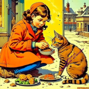 кошка, девочка, кормит, еда