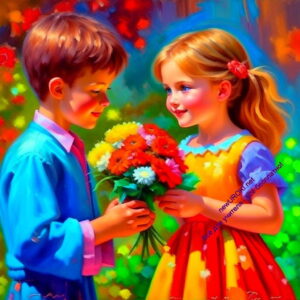 мальчик, дарит цветы, девочка