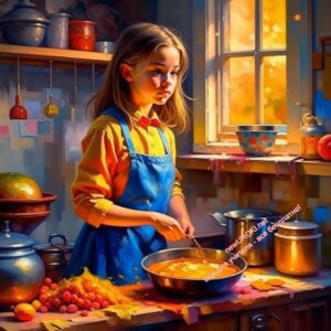 девочка, готовит еду