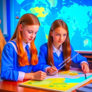 девочки, школьницы, география, карта, атлас, путешествия