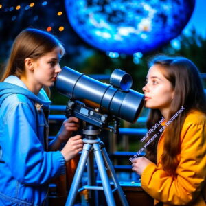 девочки, телескоп, звёзды, наблюдение