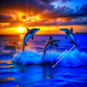 дельфины, океан, солнце, прыгают, играют