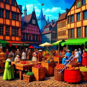 рынок, средние века, город, торговля