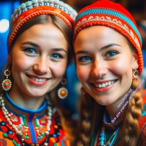 российские, девушки, улыбаются, национальные костюмы