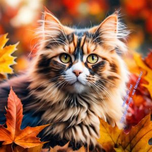 кот, пушистый, листья, желтые