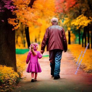 дедушка, гуляет, внучка, парк