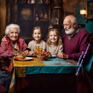 дедушка, бабушка, внучки, стол