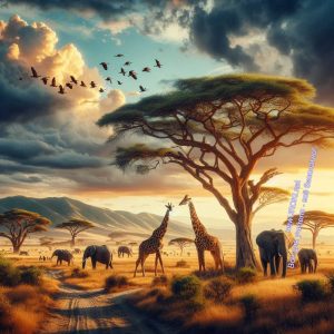 саванна, жирафы, слоны, птицы
