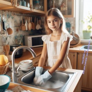 девочка, моет посуду, кухня, помощь родителям