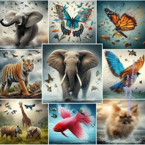 коллаж, животные, слон, тигр, птицы, бабочка
