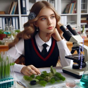 девочка, ученица, микроскоп, урок, водоросли