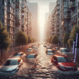 наводнение, город, автомобили, вода