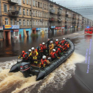 спасатели, наводнение, город, лодка