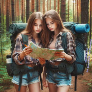 девочки, лес, туристы, карта