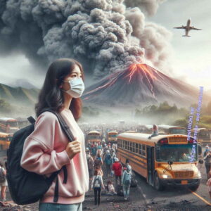 эвакуация, люди, автобусы, вулкан