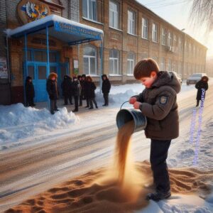 Мальчик посыпает лёд песком возле школы