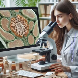 Ученая с помощью микроскопа изучает строение семени растения
