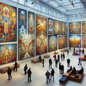 Картинная галерея, искусство, посетители смотрят картины