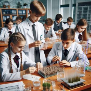 Школьники на практической работе по биологии в школе