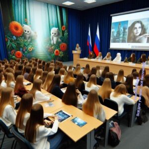 Профориентационное занятие - девочки слушают лекцию о дизайне и искусстве