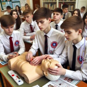 Ученики на уроке учатся оказывать помощь на медицинском манекене