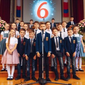 Ученики 6 класса на сцене с выступлением