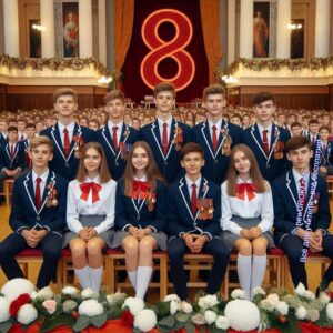 Школьники 8 класса на школьной сцене