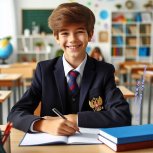 Примерный ученик улыбается в школьном классе