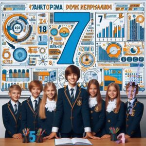 Ученики семиклассники возле инфографики - 7 класс в цифрах и фактах
