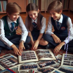 Школьники 6 класса рассматривают фотографии в альбоме