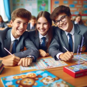 Подростки 7 класса играют, смеются в классе