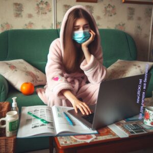 Девочка на карантине во время пандемии, учится удаленно