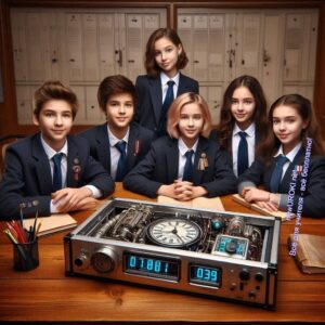 Школьники 6 класса рядом с машиной капсулой времени