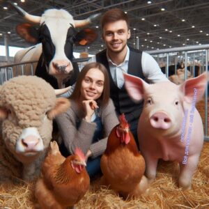 Выставка сельскохозяйственных животных: корова, свинья, куры, овца