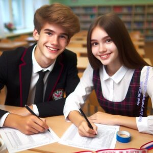 Мальчик и девочка улыбаются и заполняют анкеты в классе