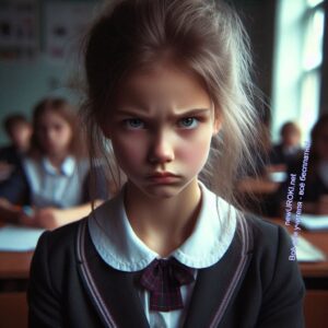 Ученица двоечница - девочка с низким уровнем успеваемости, на лице злость и ненависть