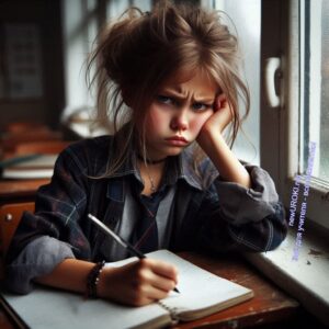 Угрюмая, злая ученица 5 класса, сидит с недовольным выражением лица за партой
