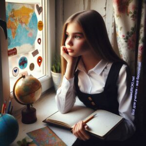 Задумчивая ученица смотрит в окно - в руках блокнот с записями