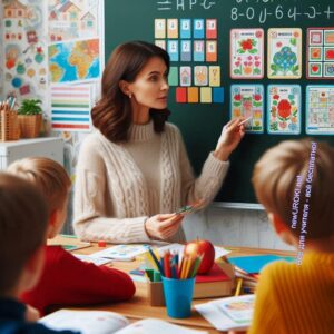 Учительница на уроке, карточки на доске - Визуализация на уроке
