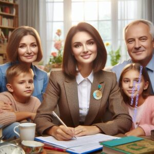 Учительница с родителями обсуждает школьников