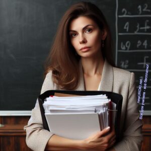Учительница уставшая, держит бумаги, отчёты, планы - Портфолио учителя