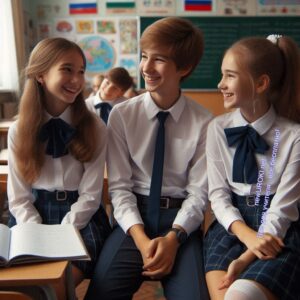 Пятиклассники общаются в школьном кабинете, улыбаются и смеются