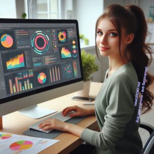 Молодая учительница за компьютером создаёт инфографику для урока
