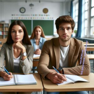 Родители на школьном собрании, сидят в кабинете, слушают