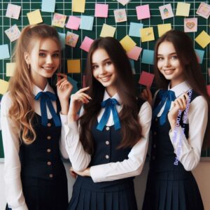 Ученицы старшеклассницы на фоне школьной доски - Стикеры на уроке