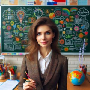 Учительница в классе, интеллект-карта на школьной доске