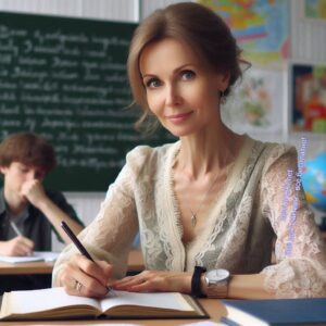 Учительница пишет на уроке в классе