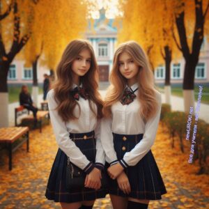 Две девочки-семиклассницы фотографируются перед школой осенью - Родительское собрание №2 в 7 классе