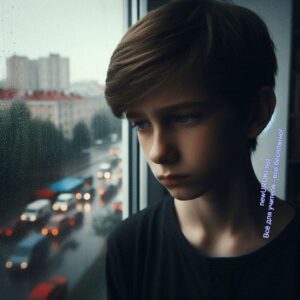Грустный мальчик смотрит в окно, дождь и осень за окном - Родительское собрание №2 в 8 классе